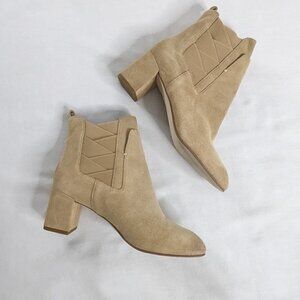Rebecca Minkoff Suede Tan Woven Side Gusset Bock Heel Pull On Ankle Boots